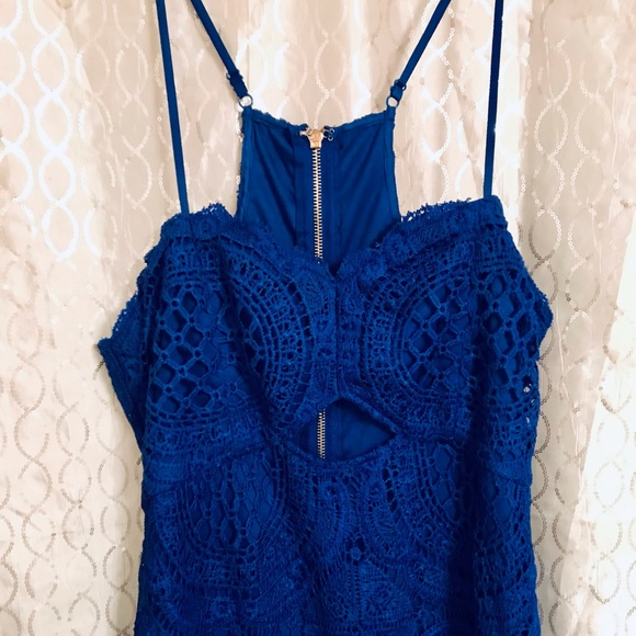 Intrigue Couture Royal Blue Crochet Dress with Keyhole open Front Lined - Picture 2 of 8